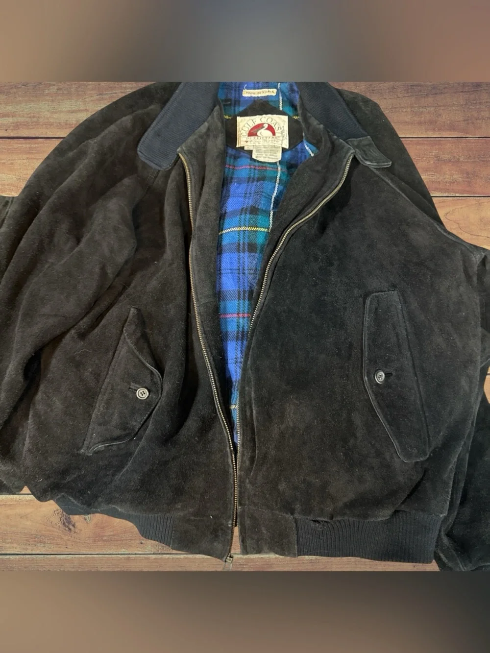 Maison Blanche Black Suede Bomber Jacket with Blue Plaid Lining